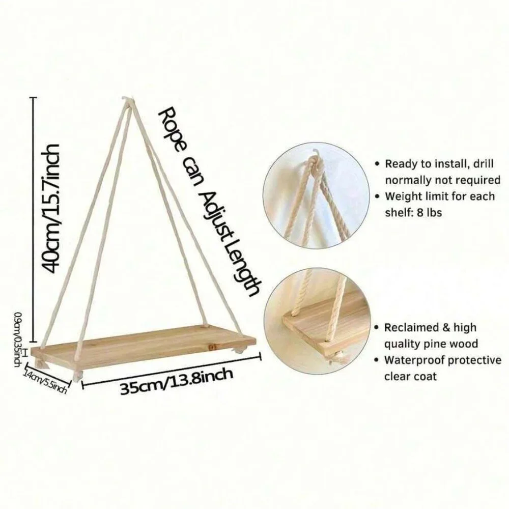 NWT Wooden Wall Shelf with Rope (Pack of 2)